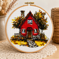Red Cottage Cross Stitch Kit with Hoop
