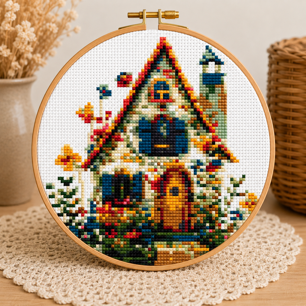 Cottage Cross Stitch Kit with Hoop