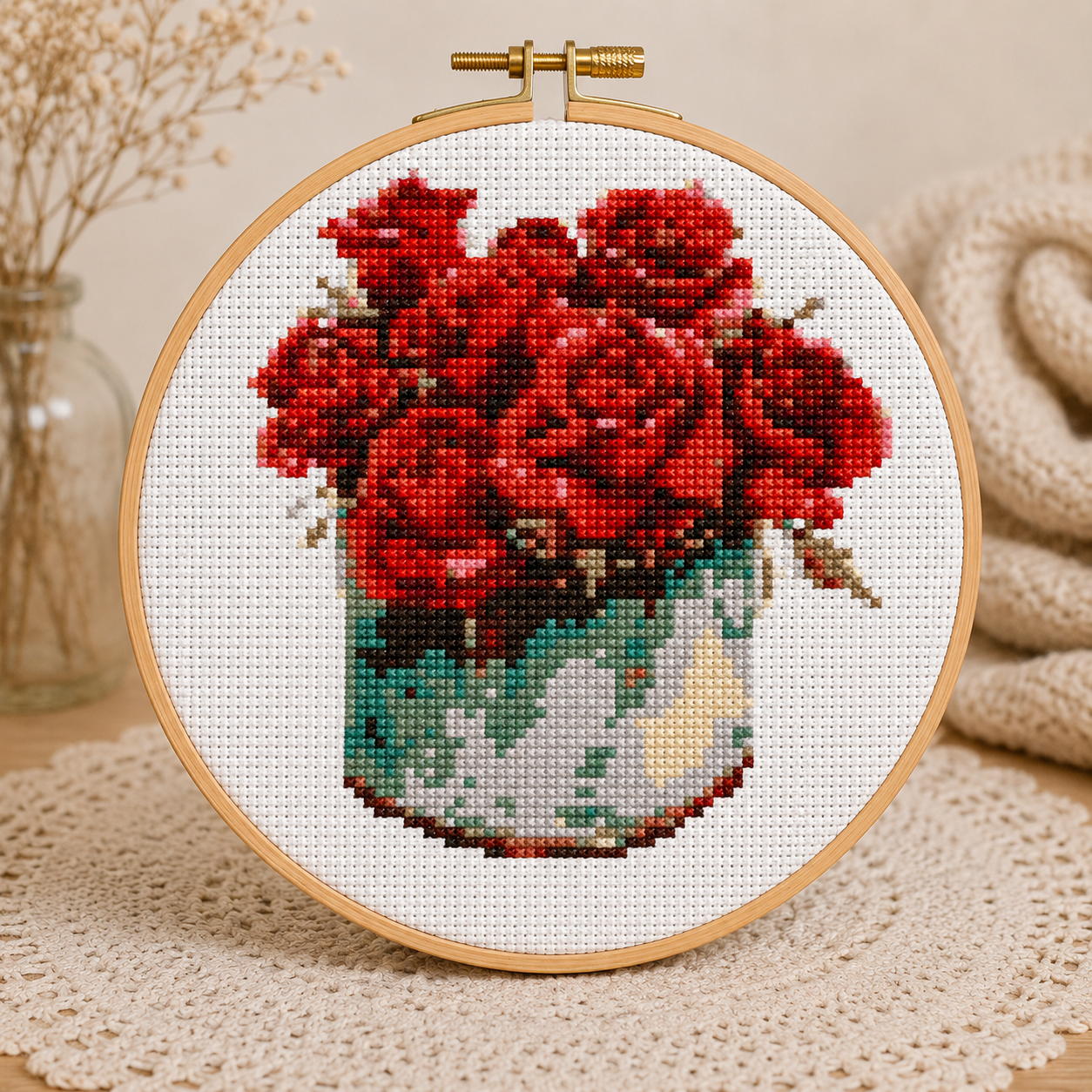 Scarlet Roses in Vase Cross Stitch Kit