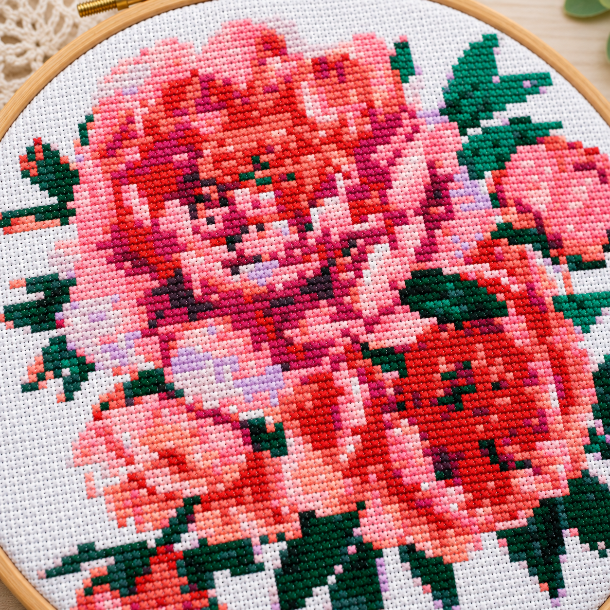 Pink Peonies Cross Stitch Kit – DIY Embroidery Set