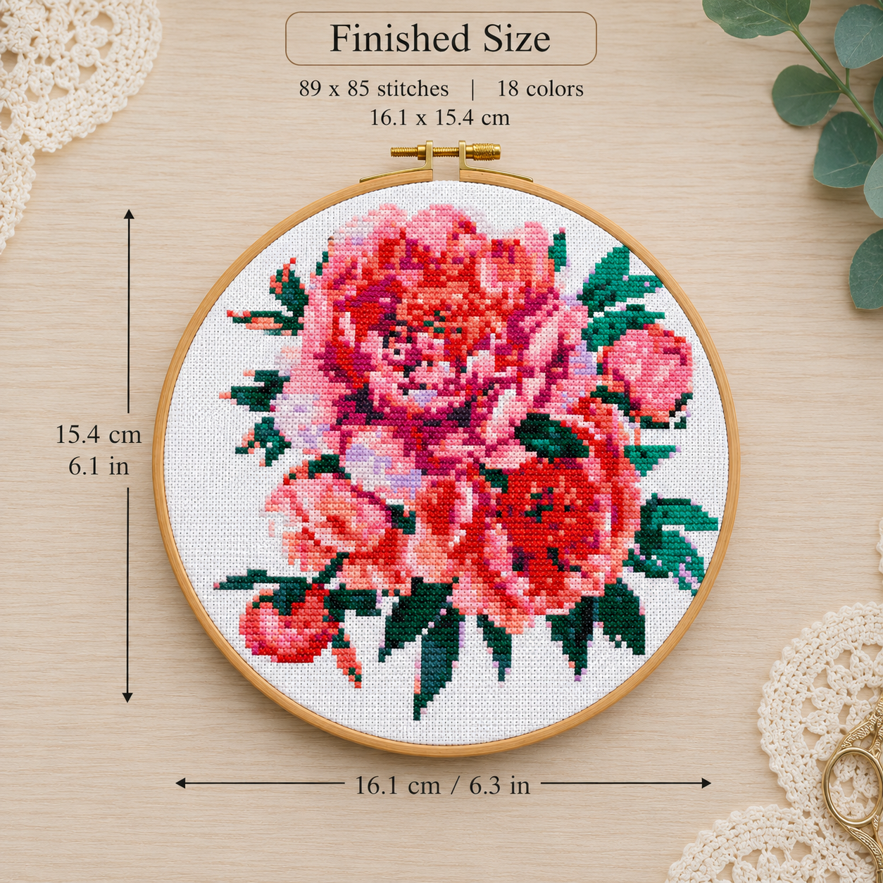 Pink Peonies Cross Stitch Kit – DIY Embroidery Set