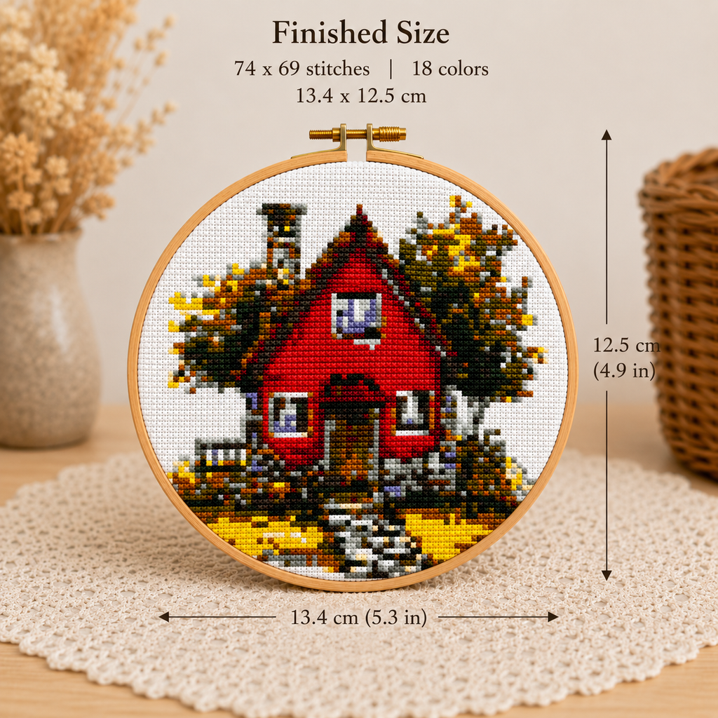 Red Cottage Cross Stitch Kit with Hoop