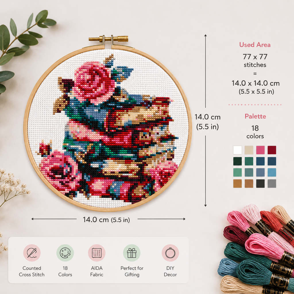 Vintage Books & Roses Cross Stitch Kit