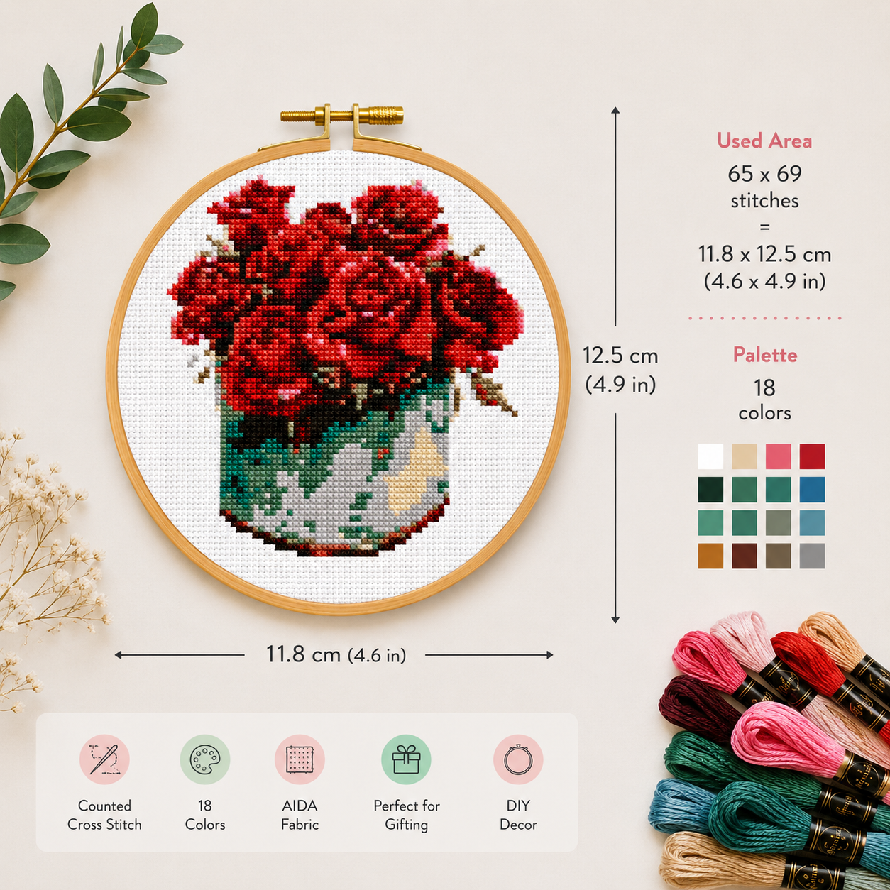 Scarlet Roses in Vase Cross Stitch Kit