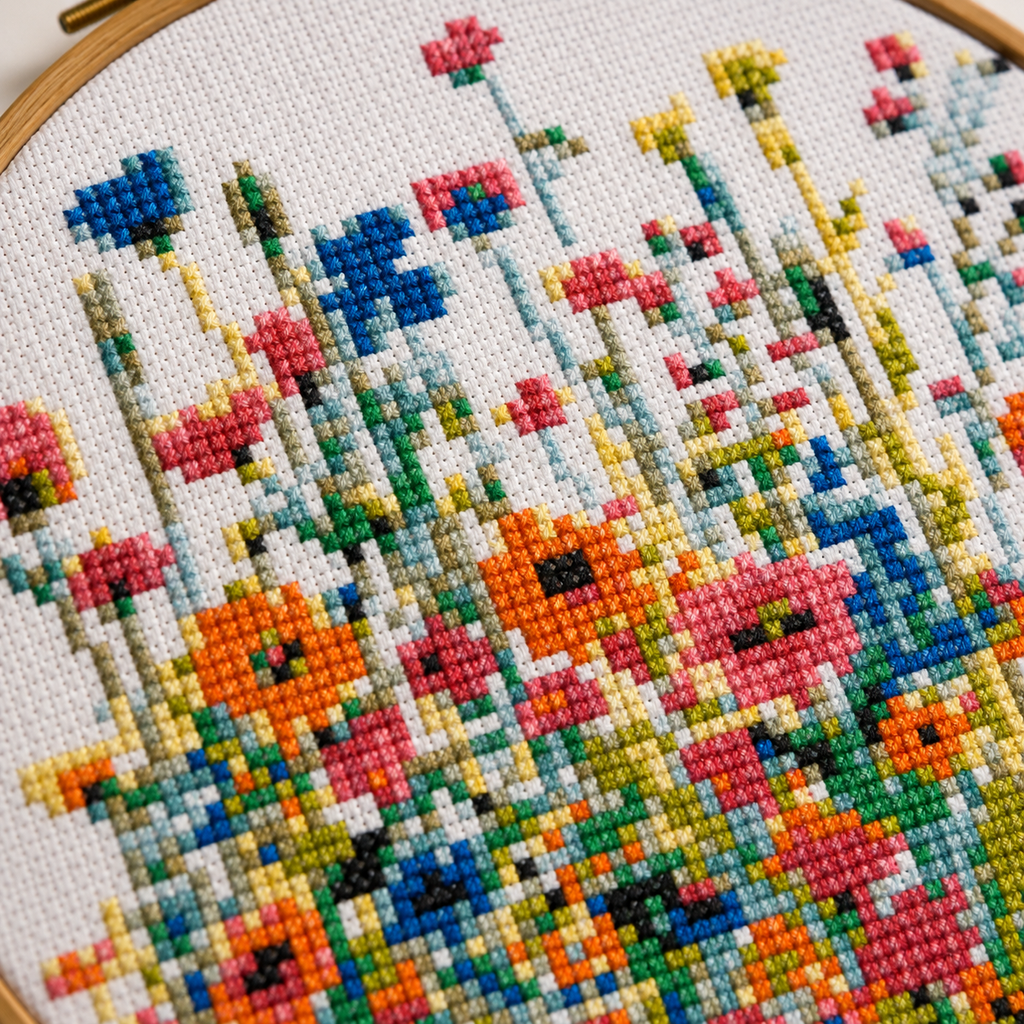 Modern Wildflower Meadow Cross Stitch Kit – Colorful Floral Design