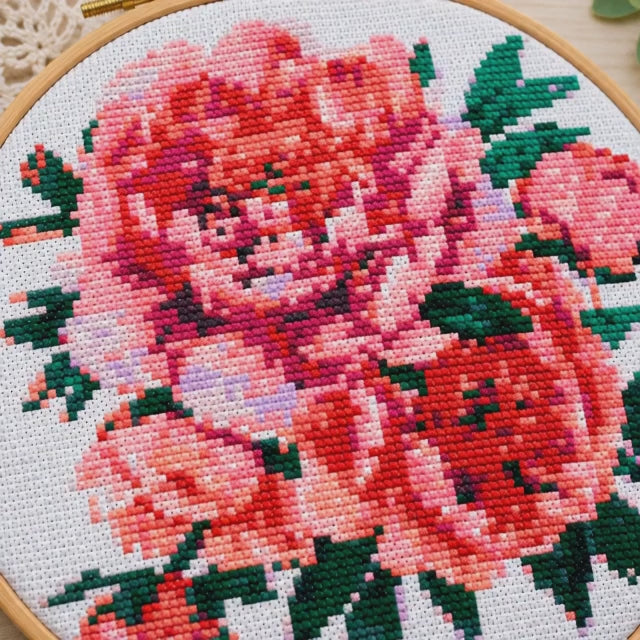 Pink Peonies Cross Stitch Kit – DIY Embroidery Set