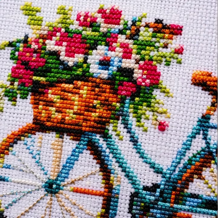 Cross Stitch Kit  – Floral Bicycle Basket